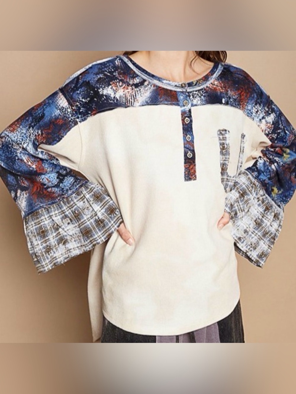 NWOT POL Cream Star Patch Long Bell Sleeve Shirt, Size Large